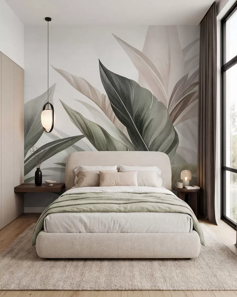 wall murals Tropical leaves in shades of green and pink, textured and large, modern art w10055