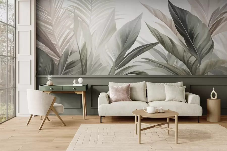 peintures murales Feuilles tropicales aux nuances de vert et de rose, texturées et de grande taille, art moderne w10055