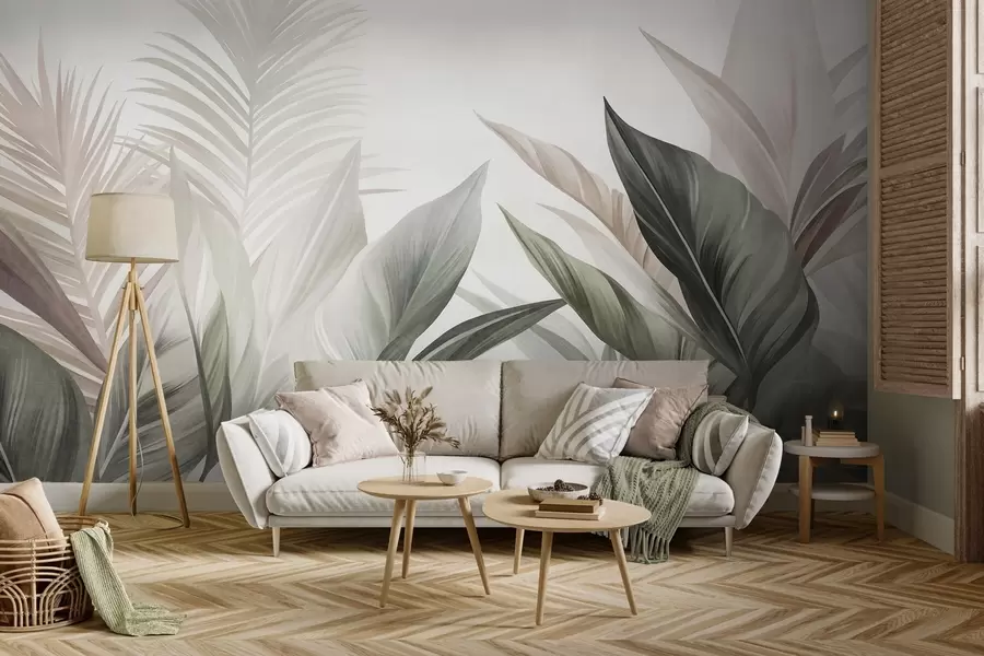 peintures murales Feuilles tropicales aux nuances de vert et de rose, texturées et de grande taille, art moderne w10055
