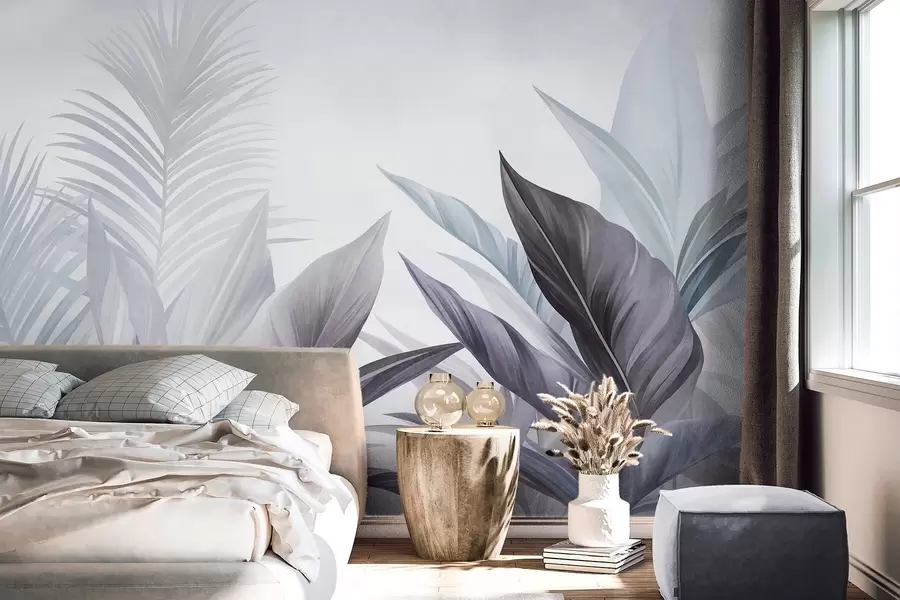 wall murals Tropical leaves in shades of blue and gray, textured and large, modern art w10055v1