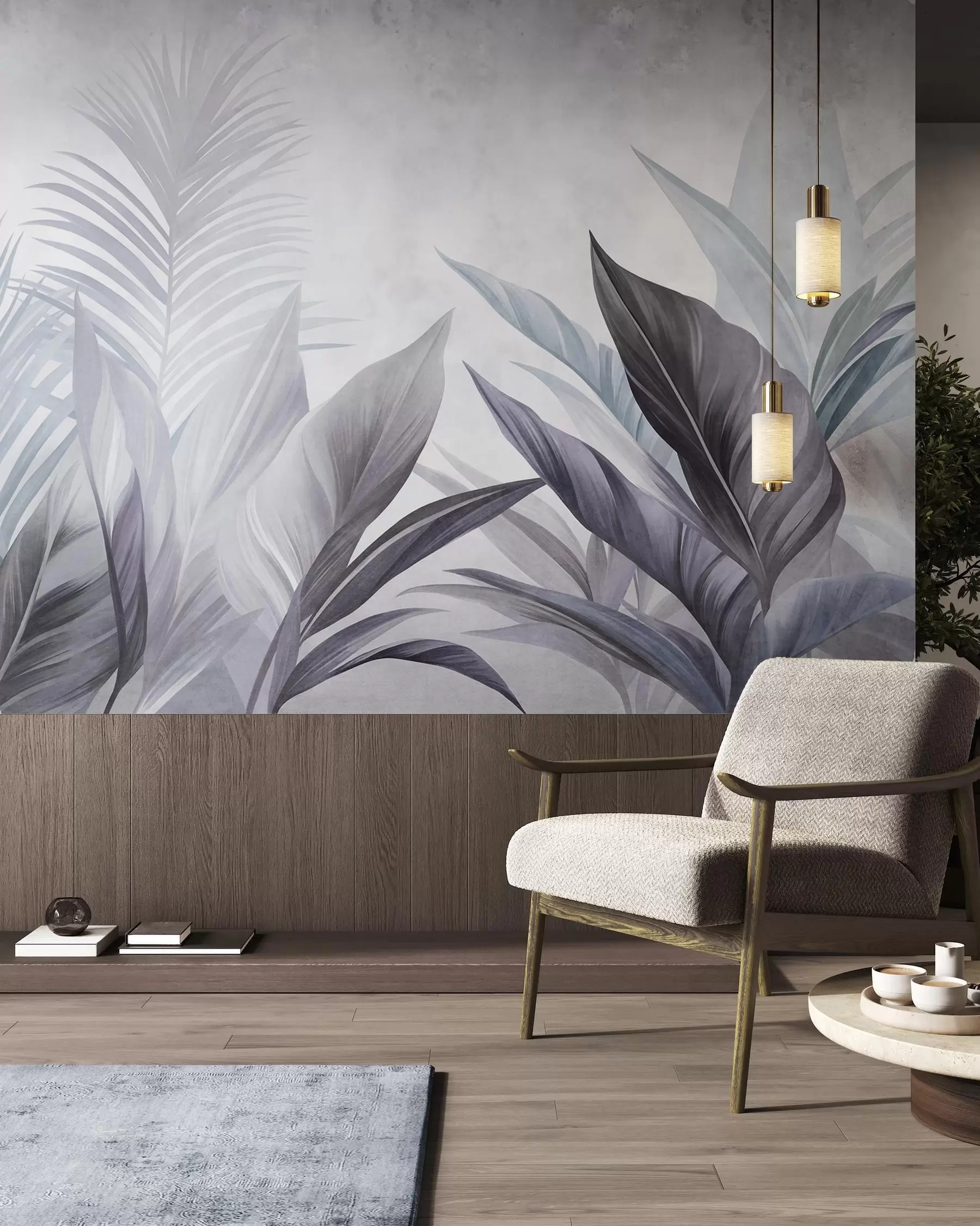 wall murals Tropical leaves in shades of blue and gray, textured and large, modern art w10055v1
