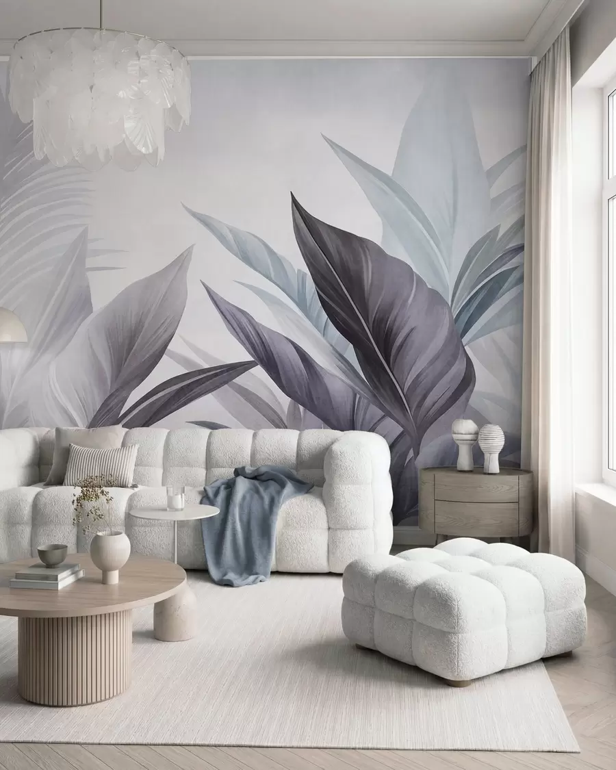 peintures murales Feuilles tropicales aux nuances de bleu et de gris, texturées et de grande taille, art moderne w10055v1