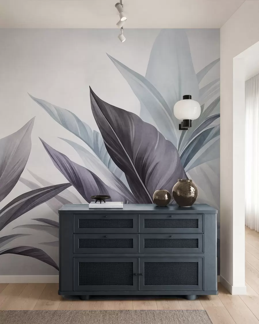 Wall Mural Photo Wallpaper Tropical leaves in shades of blue and gray, textured and large, modern art w10055v1