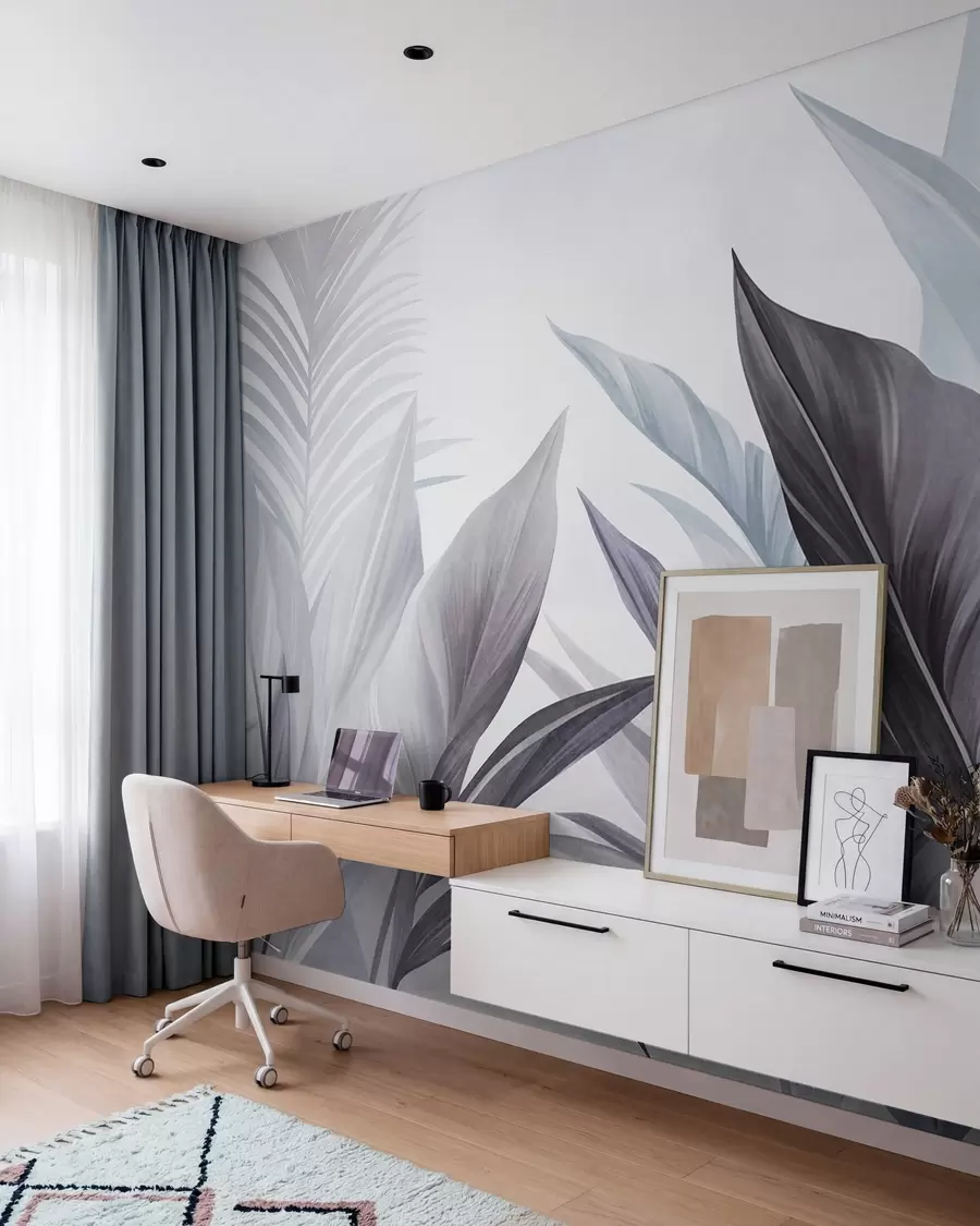wall murals Tropical leaves in shades of blue and gray, textured and large, modern art w10055v1