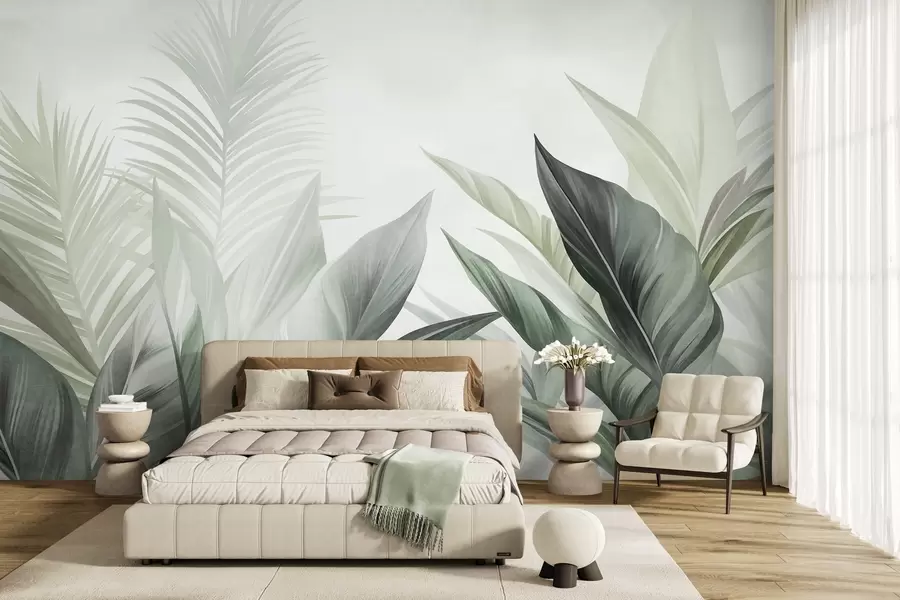 wall murals Tropical leaves in shades of green, textured and large, modern art w10055v2