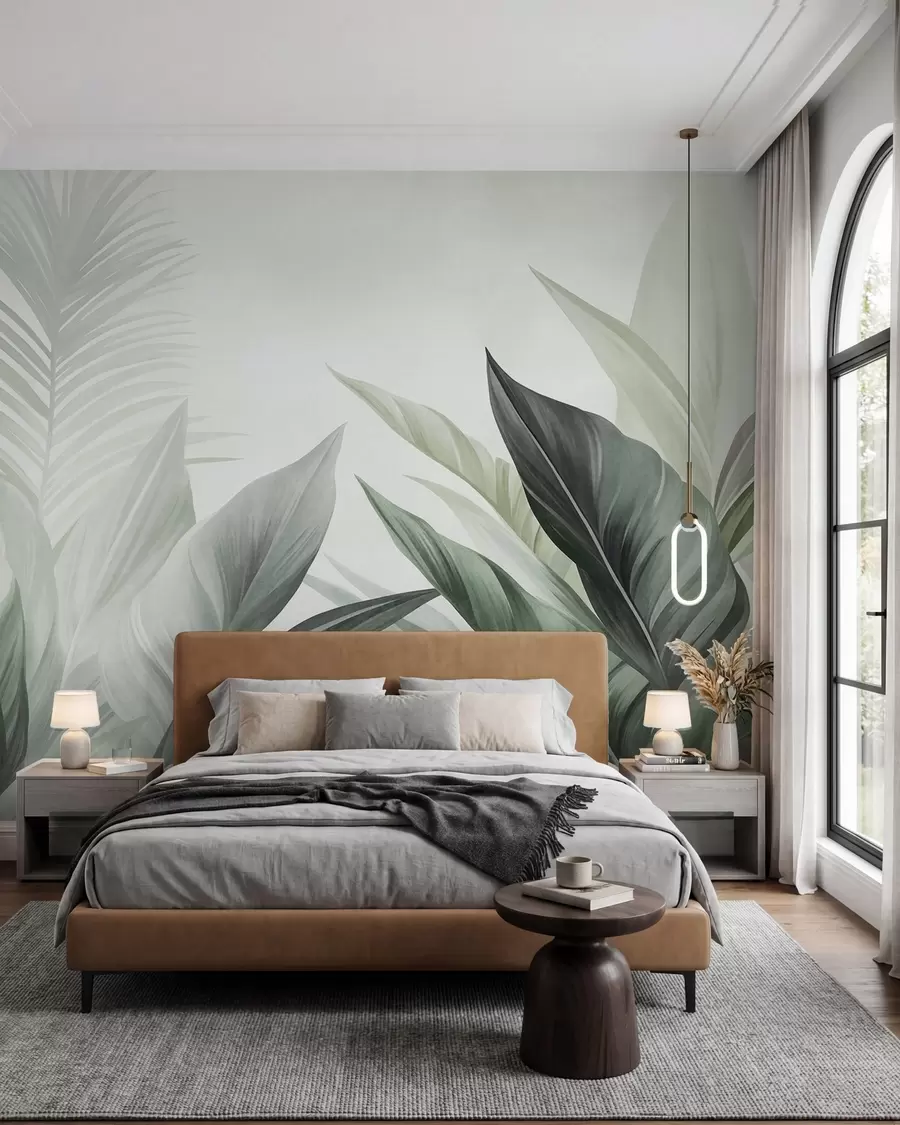 peintures murales Feuilles tropicales aux nuances de vert, texturées et de grande taille, art moderne w10055v2