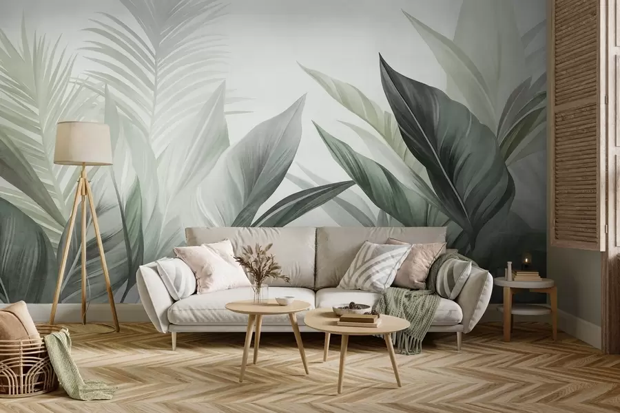 murales Hojas tropicales en tonos verdes, con textura y de gran tamaño, arte moderno w10055v2