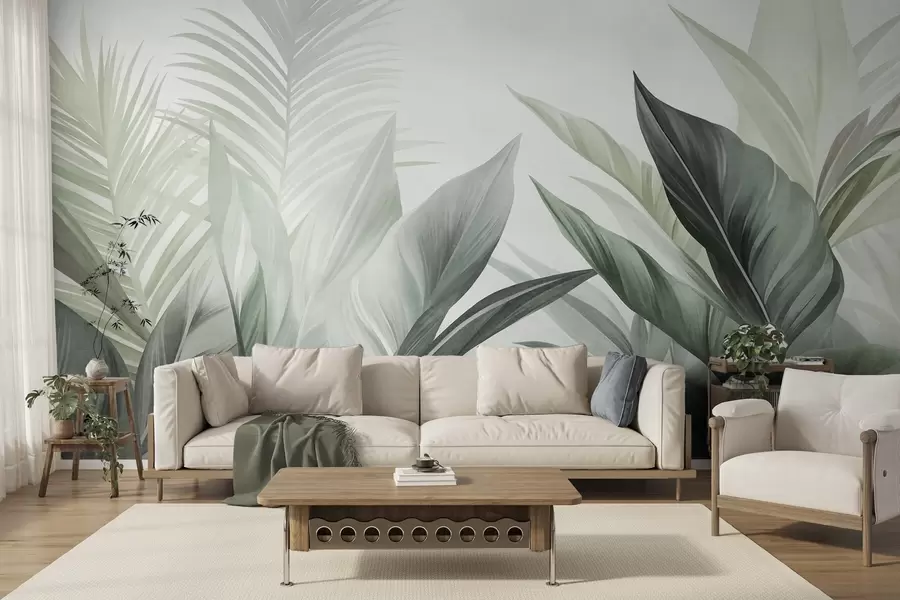 peintures murales Feuilles tropicales aux nuances de vert, texturées et de grande taille, art moderne w10055v2
