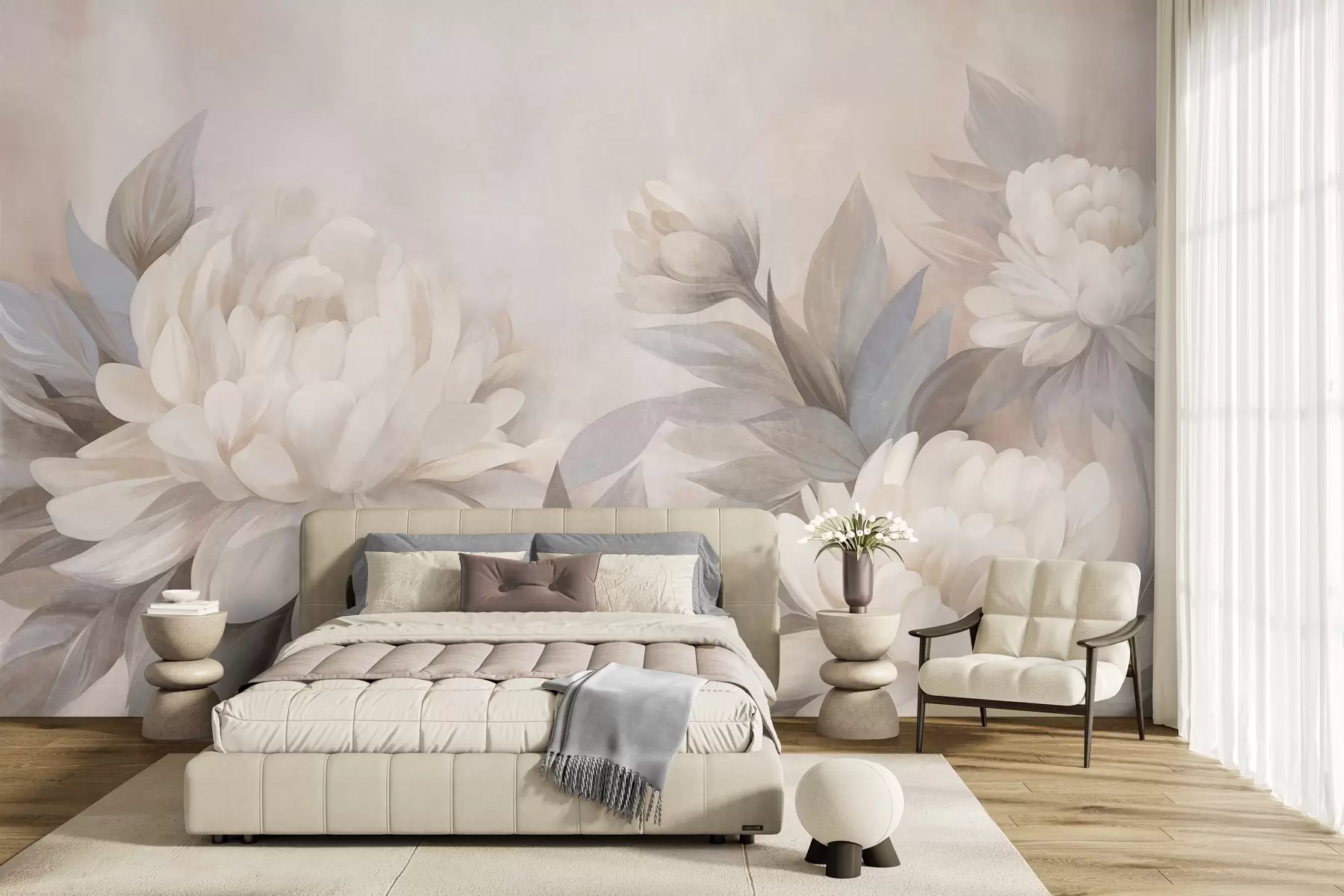 wall murals Textured peonies with muted leaves, soft pastel background w10061