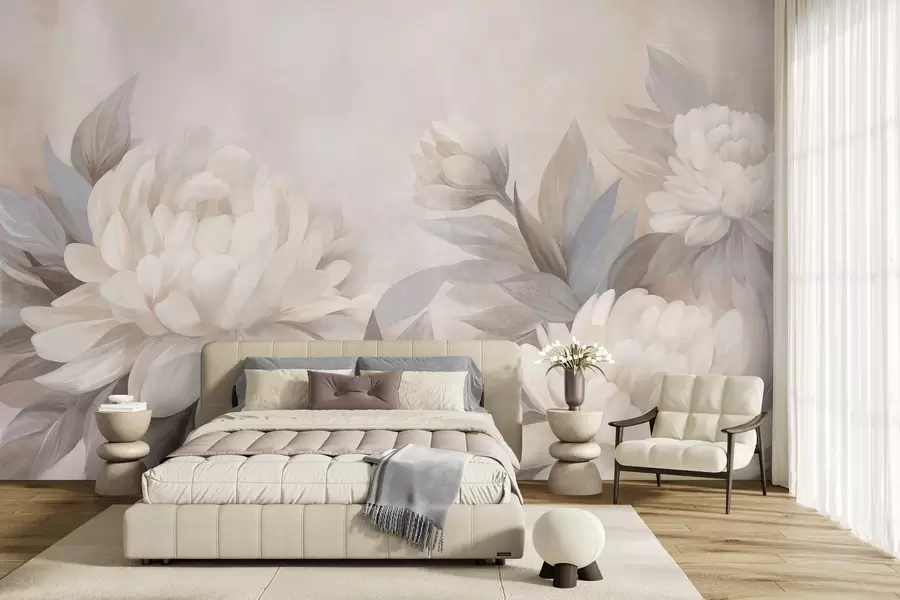 Wall Mural Photo Wallpaper Textured peonies with muted leaves, soft pastel background w10061