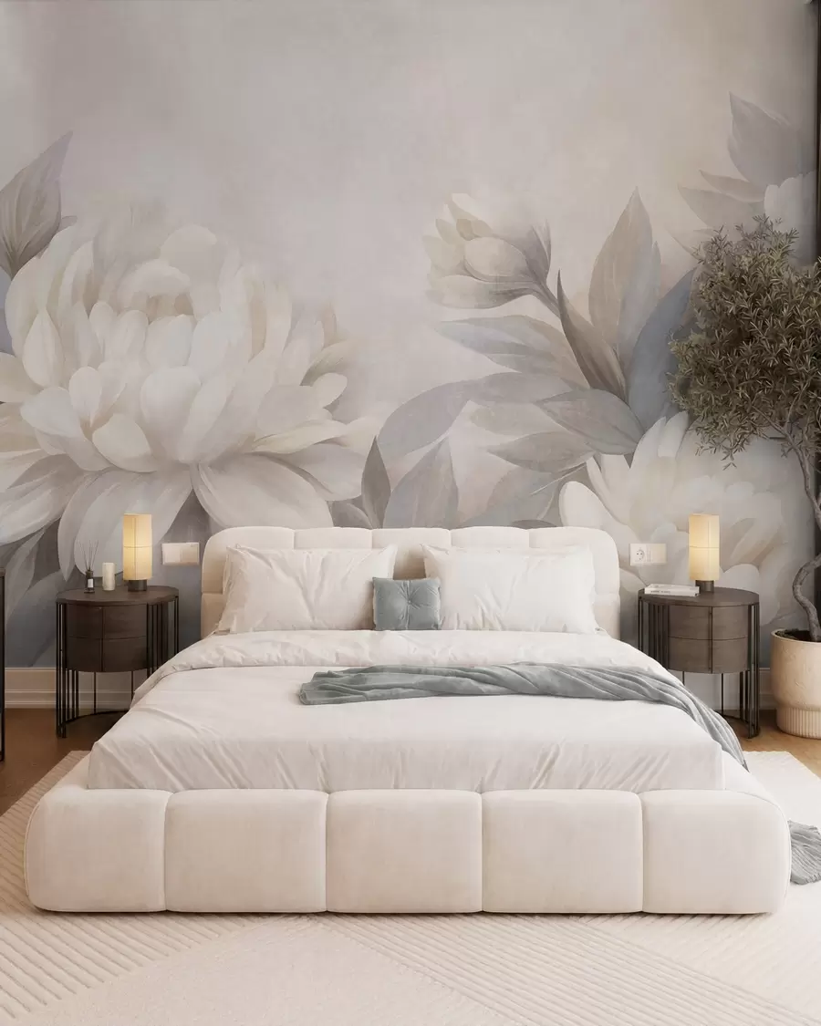 peintures murales Des pivoines texturées aux feuilles aux teintes douces, sur un fond aux couleurs pastel délicates w10061