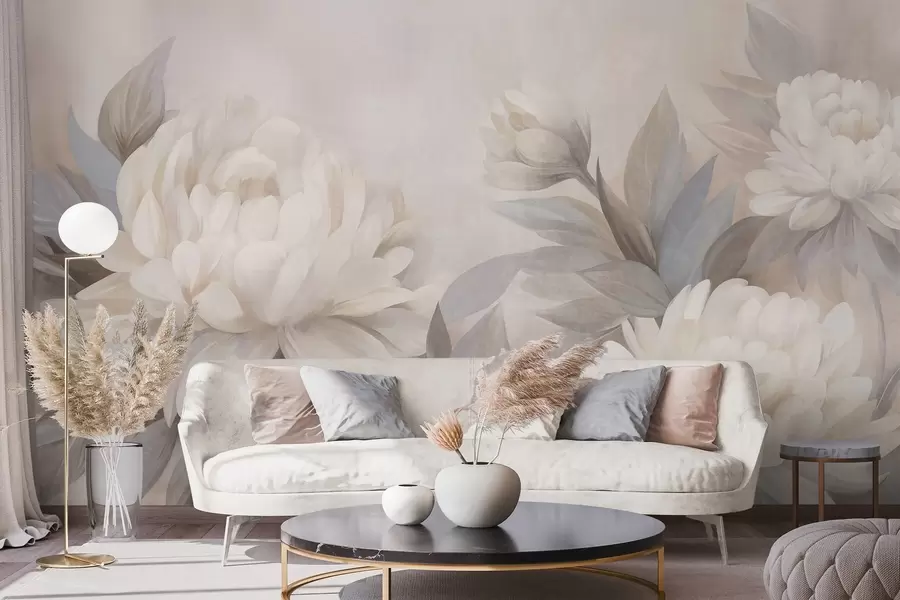 peintures murales Des pivoines texturées aux feuilles aux teintes douces, sur un fond aux couleurs pastel délicates w10061