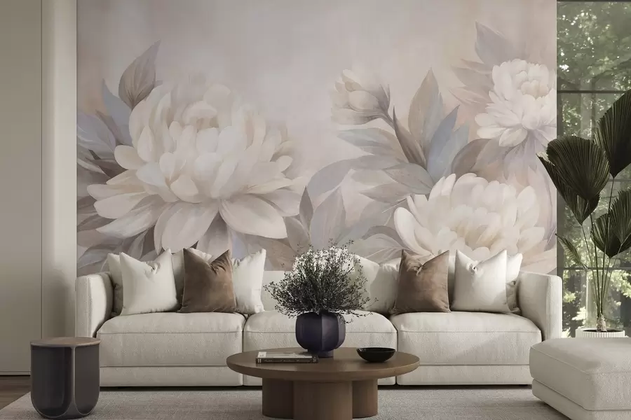 peintures murales Des pivoines texturées aux feuilles aux teintes douces, sur un fond aux couleurs pastel délicates w10061