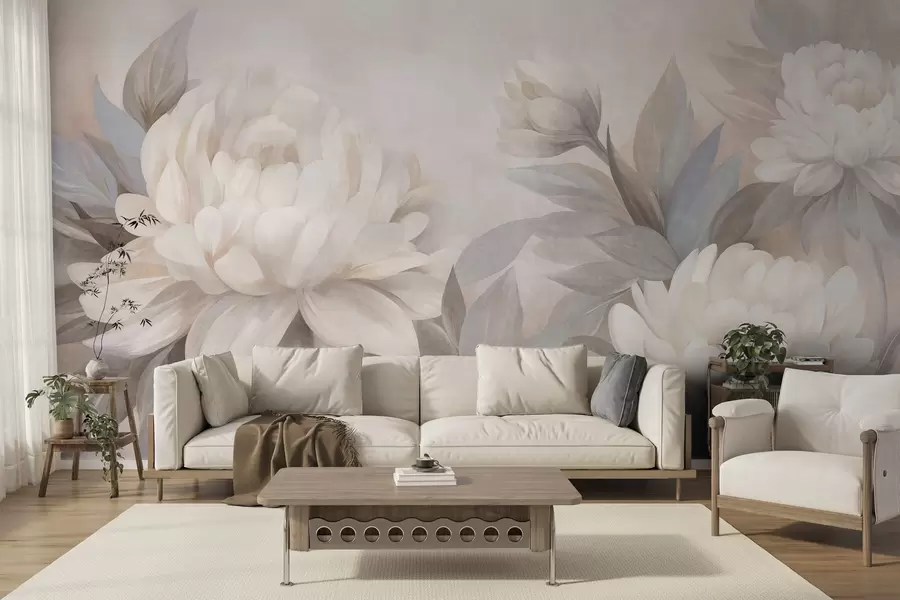 peintures murales Des pivoines texturées aux feuilles aux teintes douces, sur un fond aux couleurs pastel délicates w10061