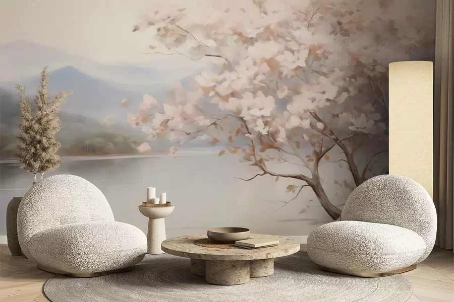 Wall Mural Photo Wallpaper Landscape with a tree, imitation painting w05950
