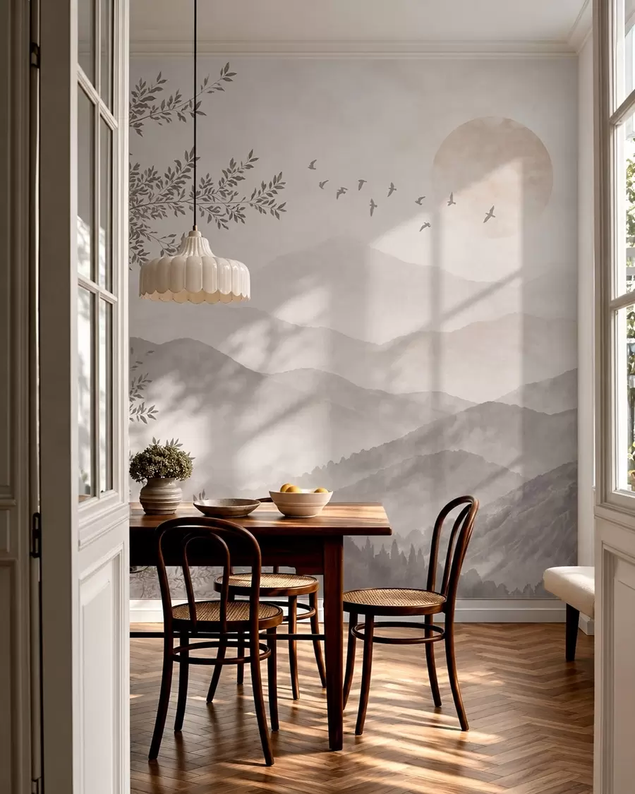 wall murals Misty mountains with a tree, birds and sun w05924v1