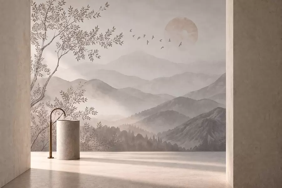 peintures murales Des montagnes brumeuses avec un arbre, des oiseaux et le soleil w05924v1