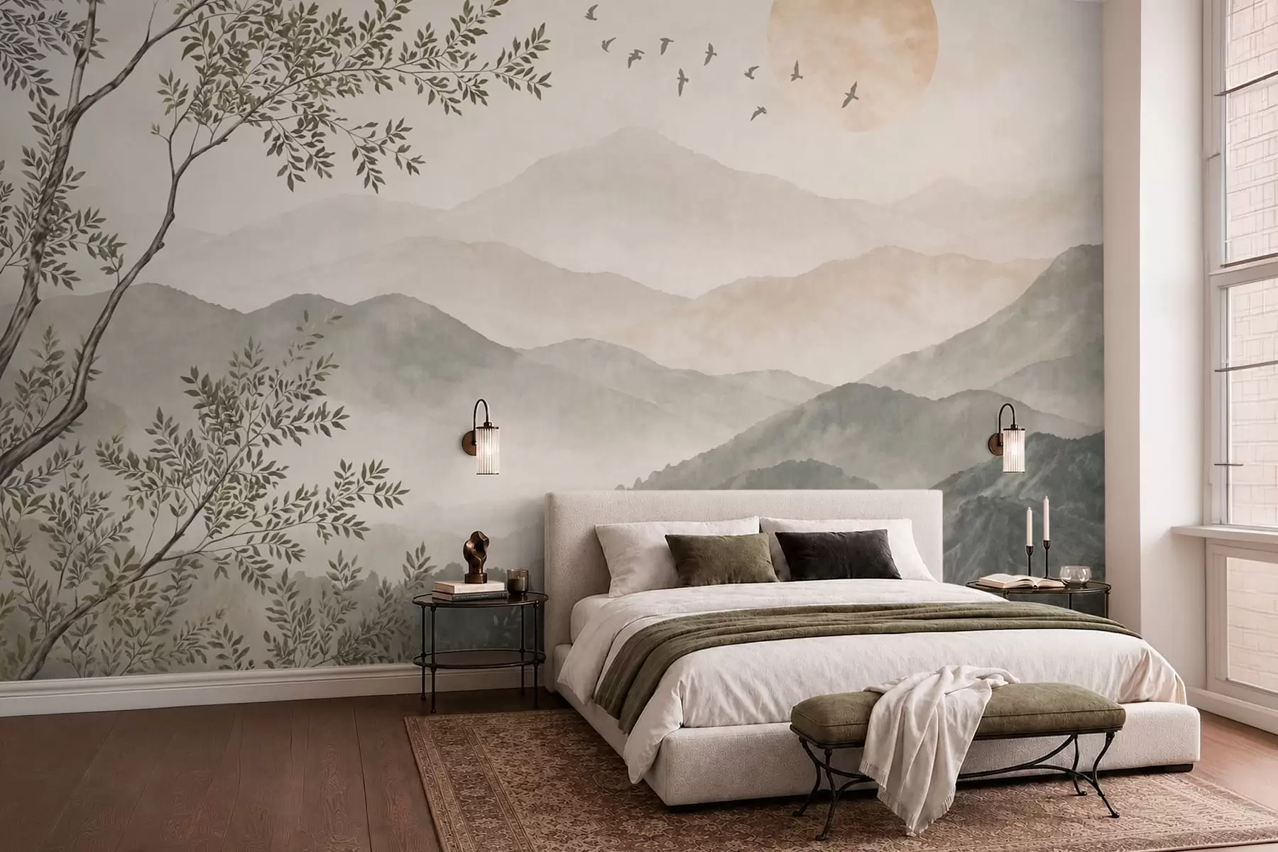 peintures murales Paysage de montagne avec un arbre, des oiseaux et le soleil w05924