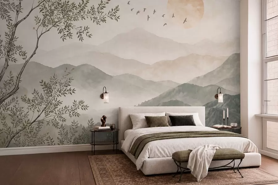 Wall Mural Photo Wallpaper Mountain landscape with a tree, birds and sun w05924