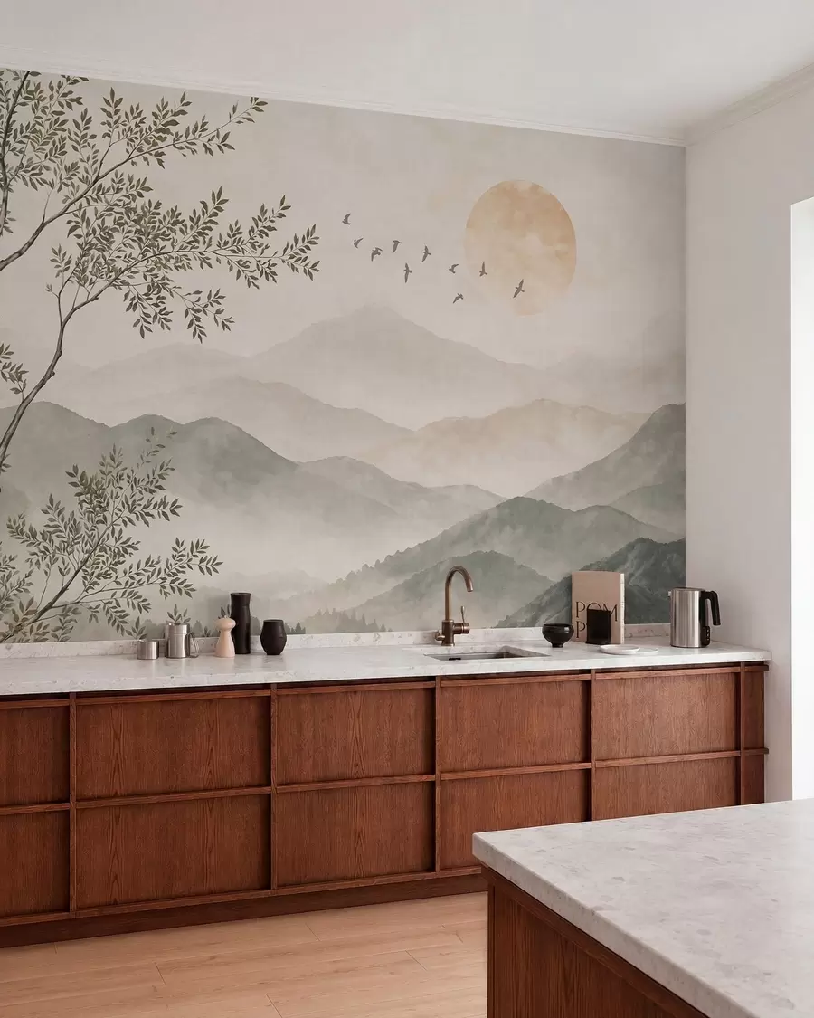 peintures murales Paysage de montagne avec un arbre, des oiseaux et le soleil w05924