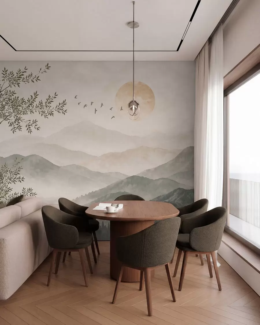 wall murals Mountain landscape with a tree, birds and sun w05924