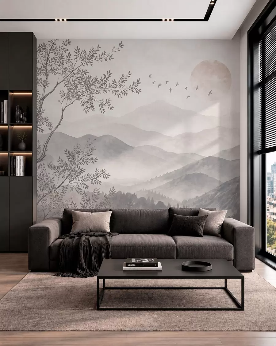 wall murals Pale mountain scenery with a tree and birds w05924v2