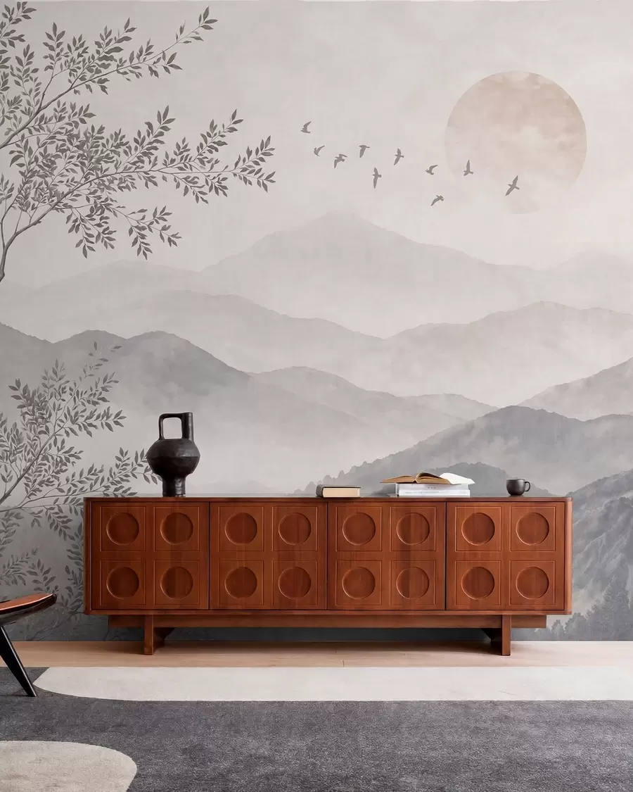 Wall Mural Photo Wallpaper Pale mountain scenery with a tree and birds w05924v2