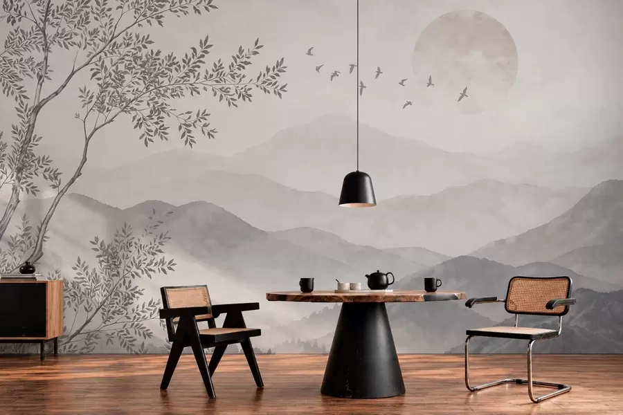 peintures murales Paysage de montagne aux teintes pâles, avec un arbre et des oiseaux w05924v2