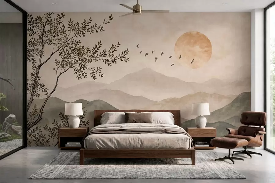 peintures murales Des crêtes montagneuses avec un arbre, des oiseaux et le soleil w05924v3