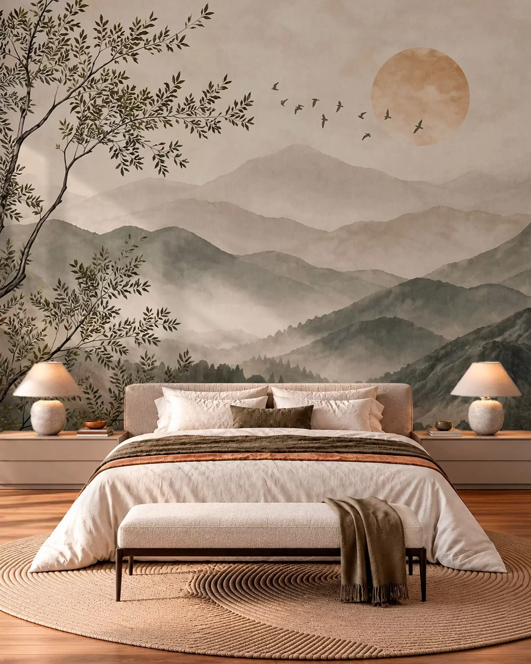Wall Mural Photo Wallpaper Mountain ridges with a tree, birds and sun w05924v3