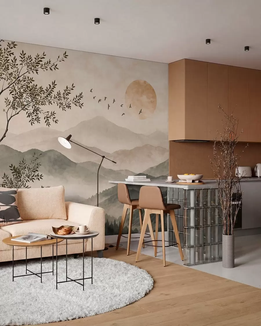 peintures murales Des crêtes montagneuses avec un arbre, des oiseaux et le soleil w05924v3