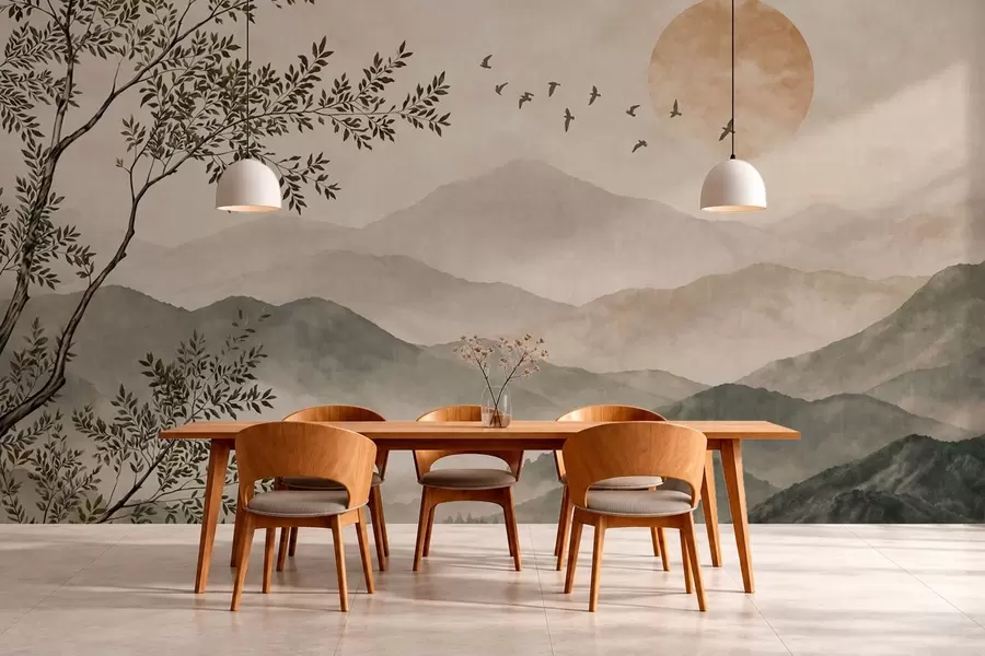wall murals Mountain ridges with a tree, birds and sun w05924v3