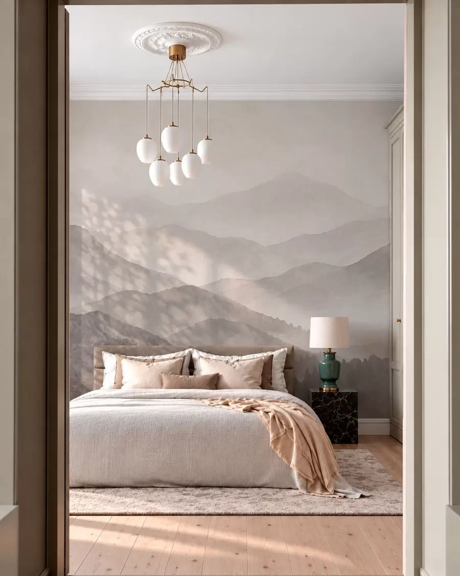 wall murals Misty mountains in soft neutral tones w05925v1