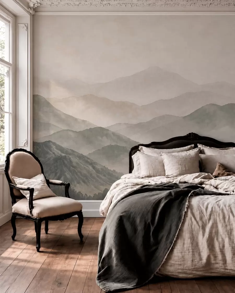 peintures murales Des crêtes montagneuses en cascade, enveloppées d'une légère brume w05925v2