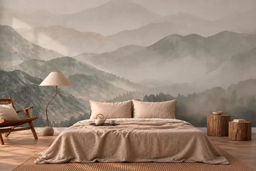 peintures murales Des crêtes montagneuses en cascade, enveloppées d'une légère brume w05925v2
