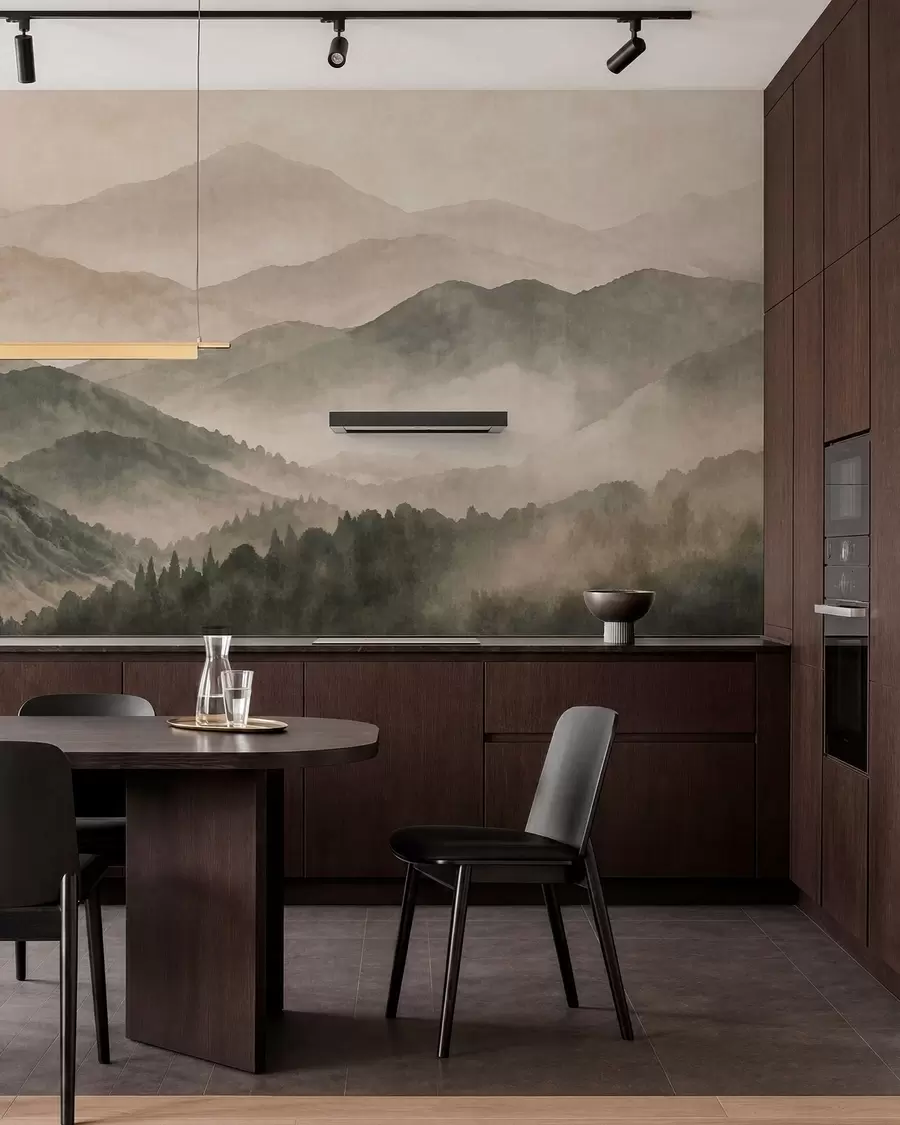 peintures murales Crêtes montagneuses brumeuses et forêt sombre w05925v3