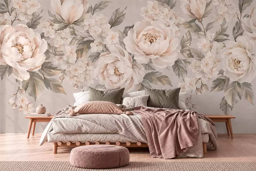 peintures murales De délicates fleurs couleur crème et des feuilles vertes dans une palette de couleurs pastel w05926