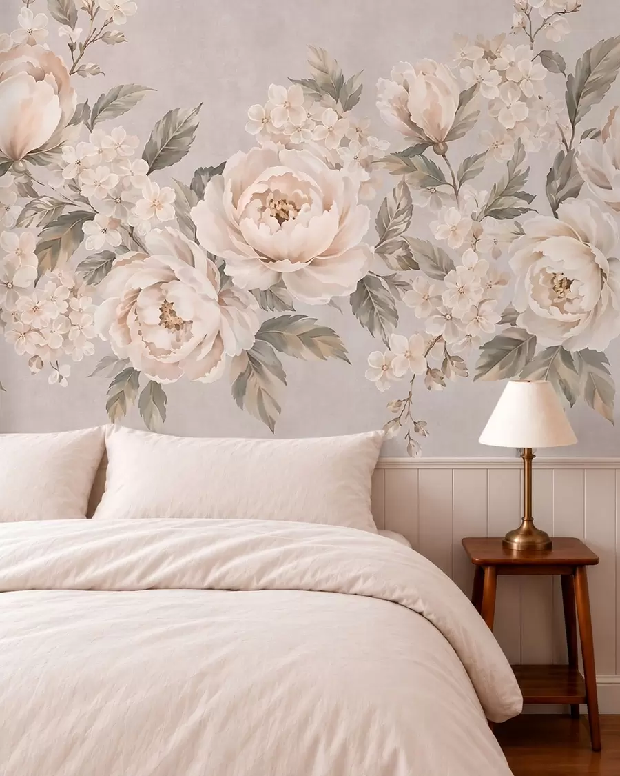 peintures murales De délicates fleurs couleur crème et des feuilles vertes dans une palette de couleurs pastel w05926