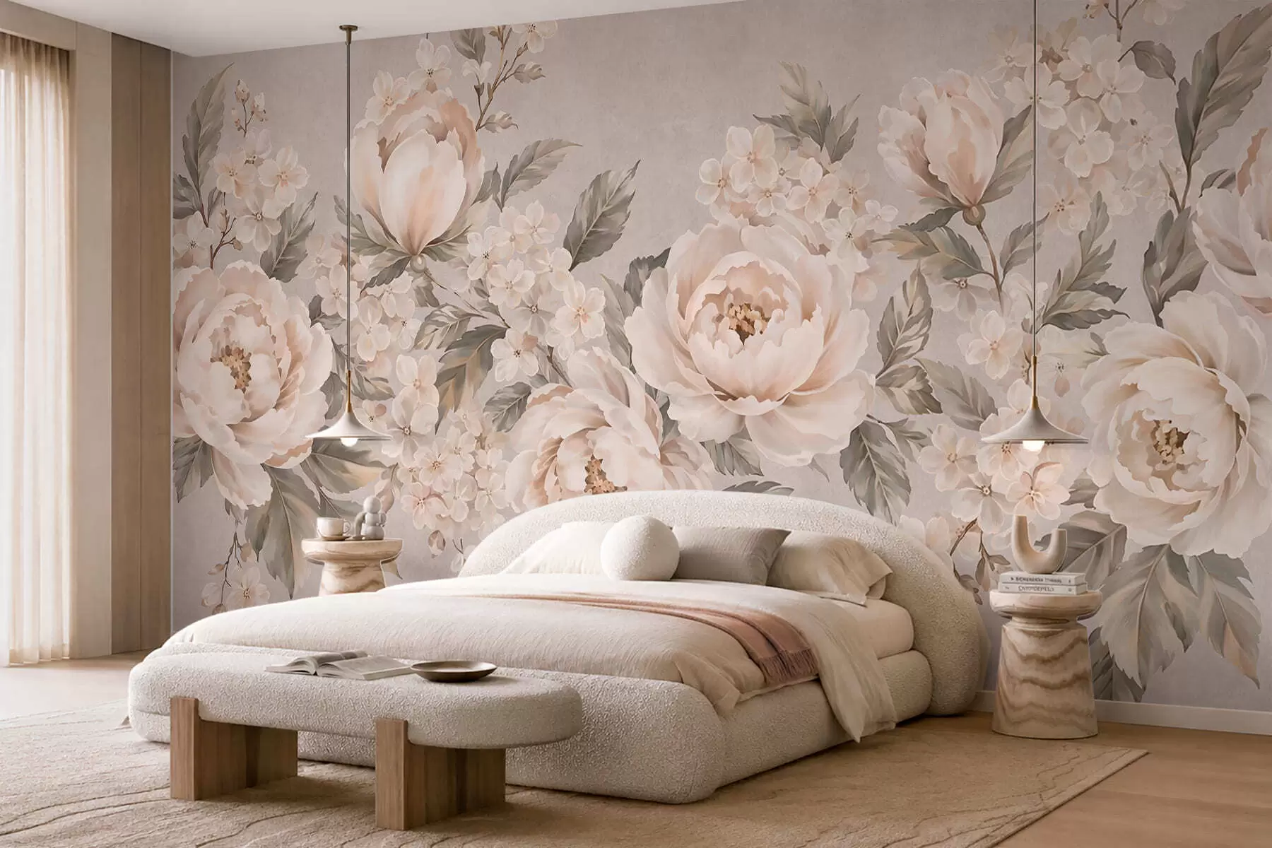 peintures murales De délicates fleurs couleur crème et des feuilles vertes dans une palette de couleurs pastel w05926