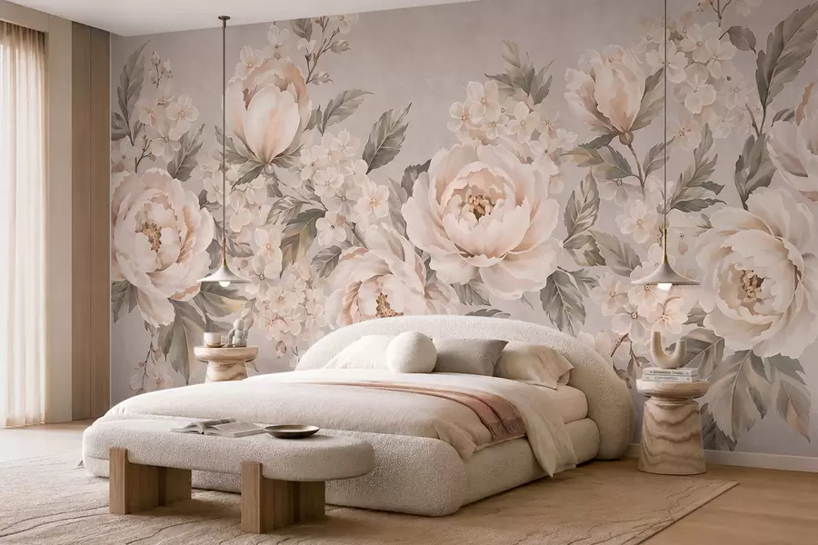 Wall Mural Photo Wallpaper Delicate cream flowers and green leaves in a pastel palette w05926