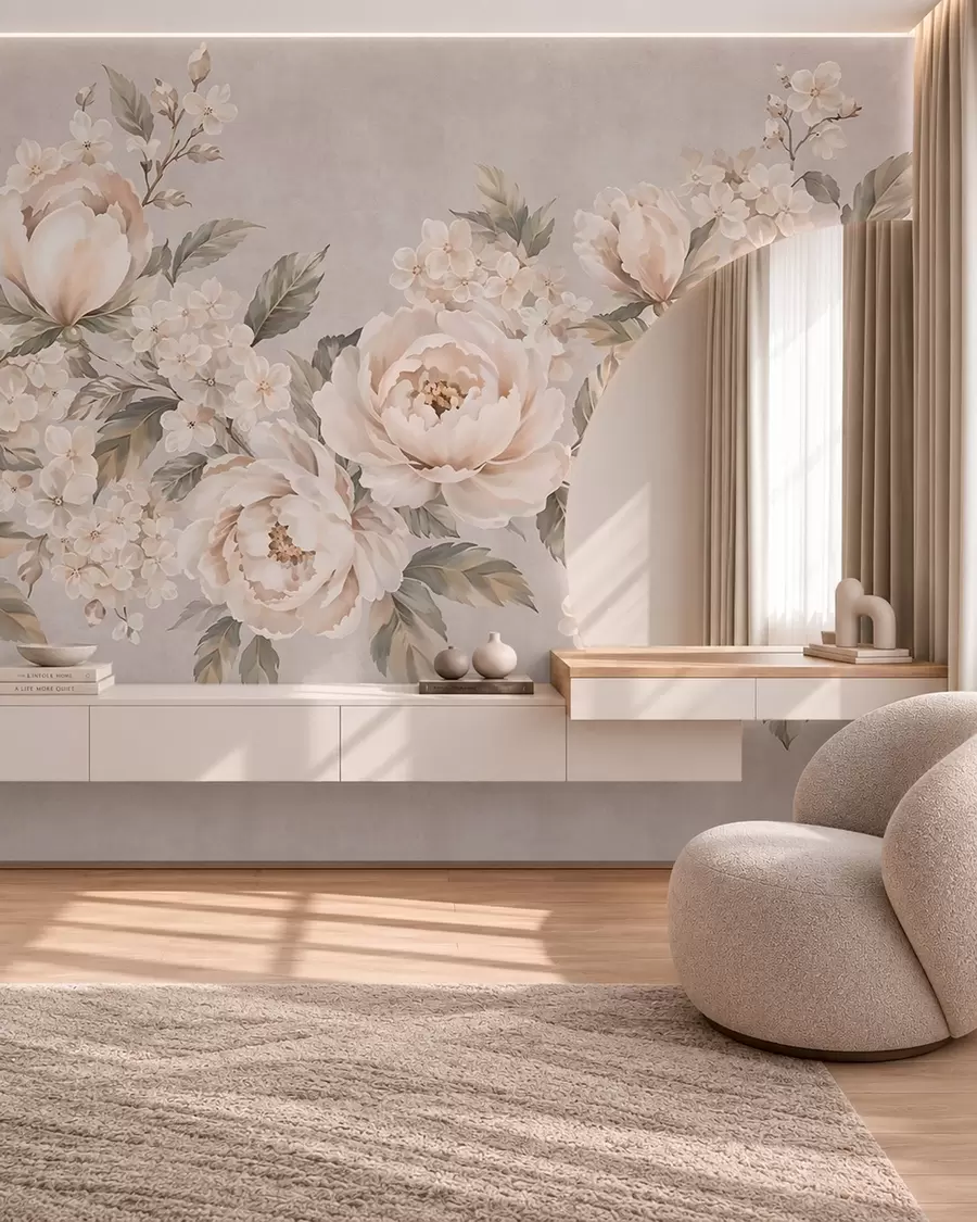 Wall Mural Photo Wallpaper Delicate cream flowers and green leaves in a pastel palette w05926