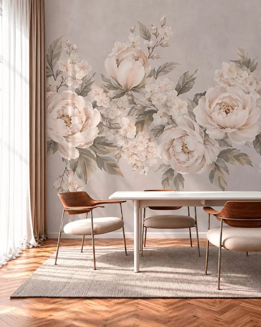wall murals Delicate cream flowers and green leaves in a pastel palette w05926