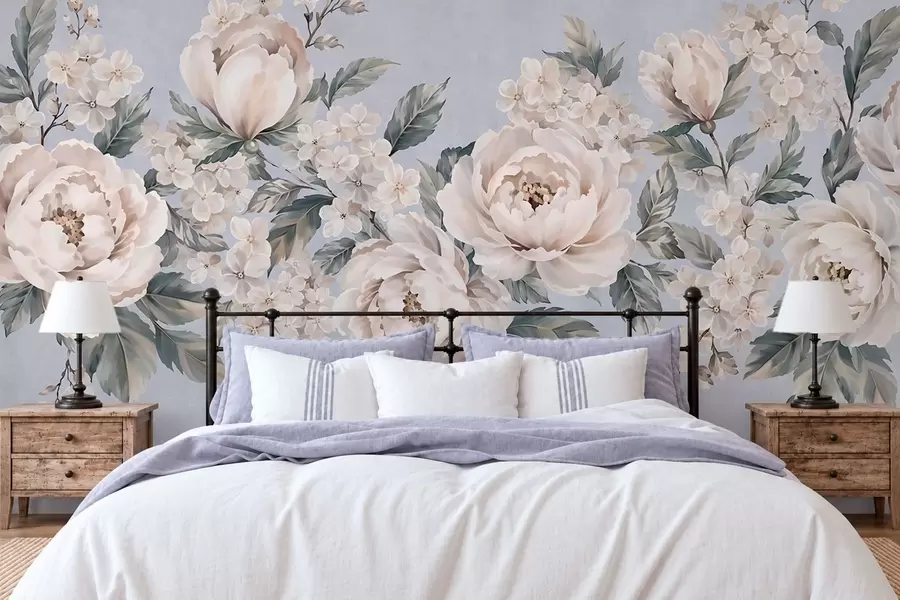 peintures murales De délicates fleurs pâles accompagnées de feuilles sur fond bleu w05926v1