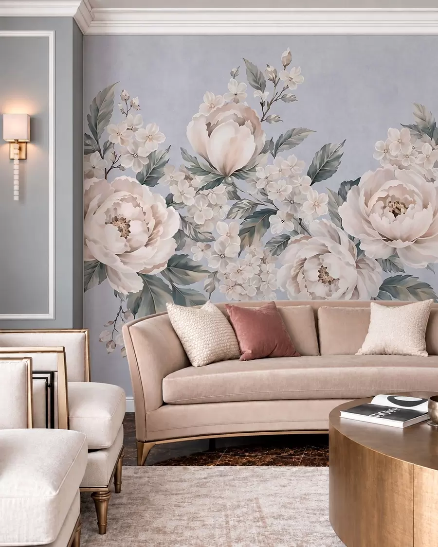 wall murals Delicate pale flowers with leaves on a blue background w05926v1