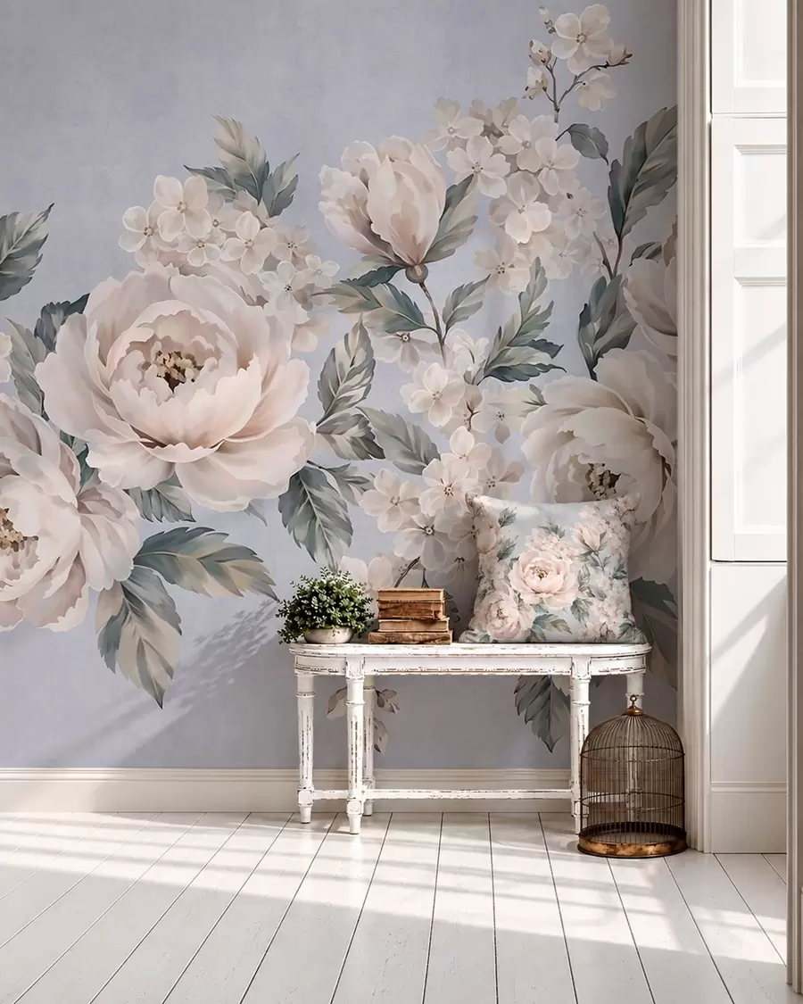 Wall Mural Photo Wallpaper Delicate pale flowers with leaves on a blue background w05926v1