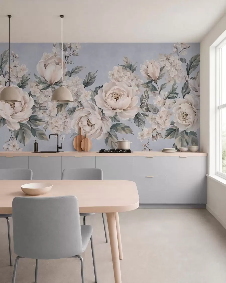 peintures murales De délicates fleurs pâles accompagnées de feuilles sur fond bleu w05926v1
