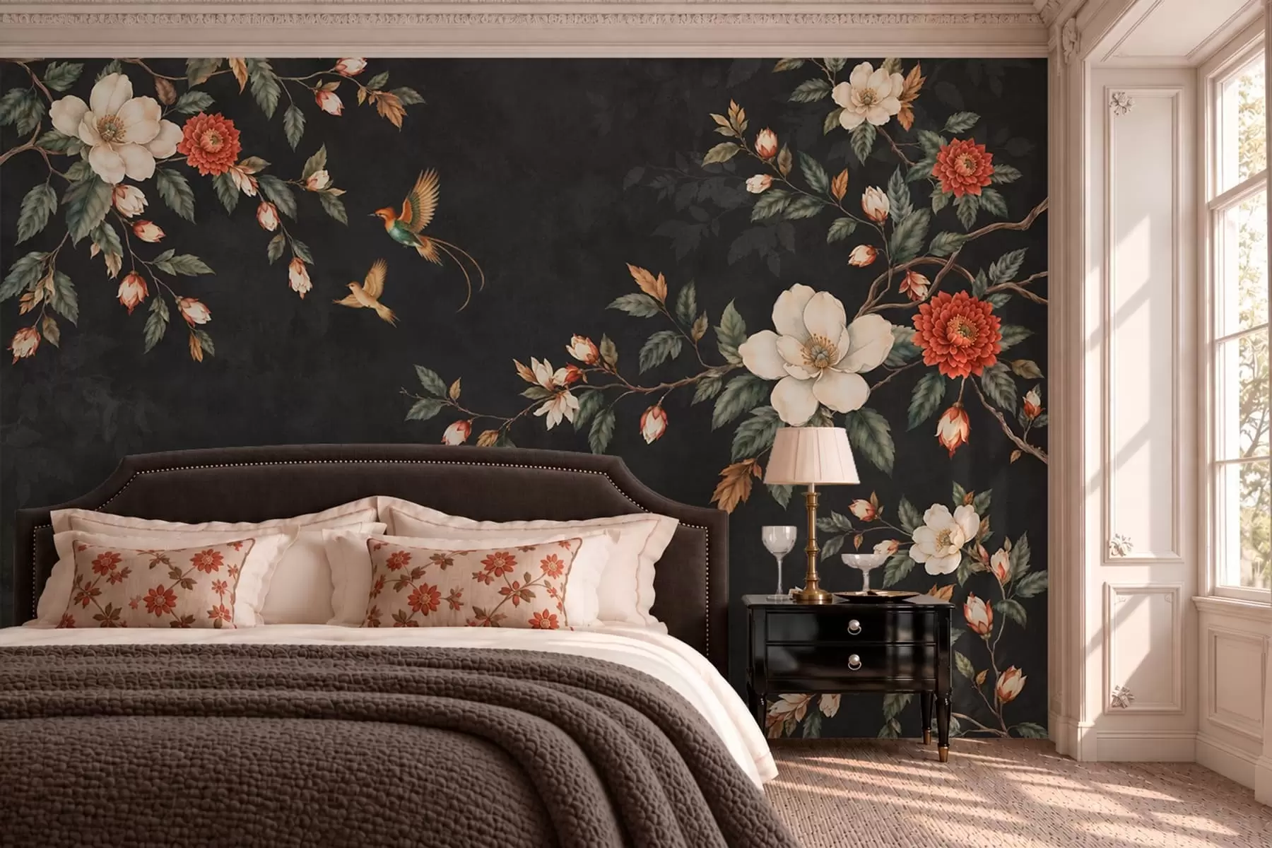 Wall Mural Photo Wallpaper Flowering branches and two birds on a dark background w05927