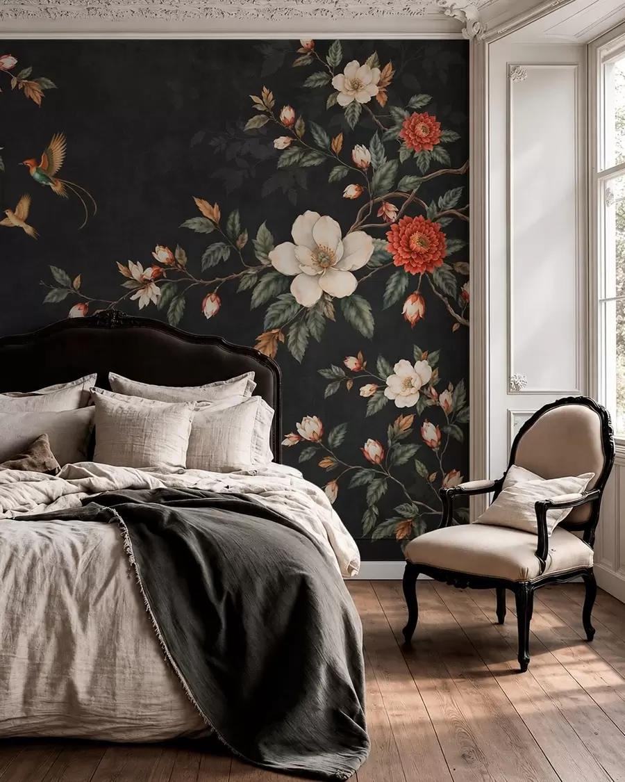 peintures murales Des branches en fleurs et deux oiseaux sur un fond sombre w05927
