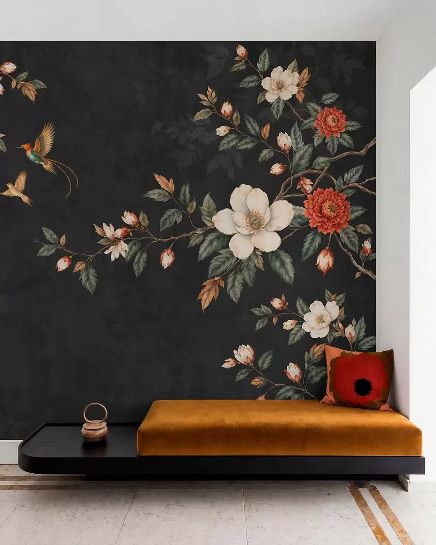 Wall Mural Photo Wallpaper Flowering branches and two birds on a dark background w05927