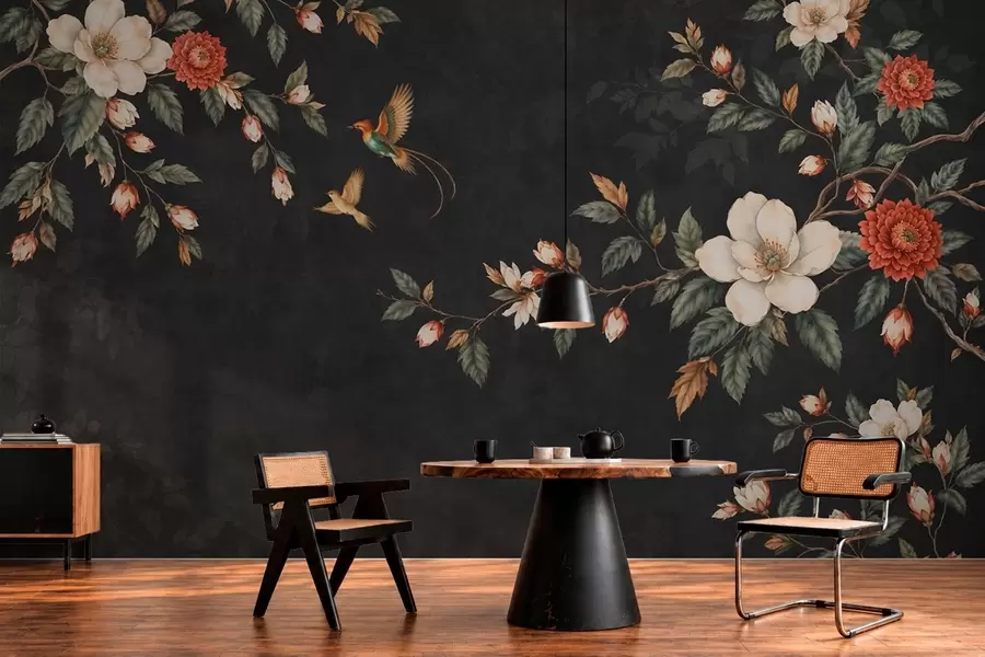 wall murals Flowering branches and two birds on a dark background w05927